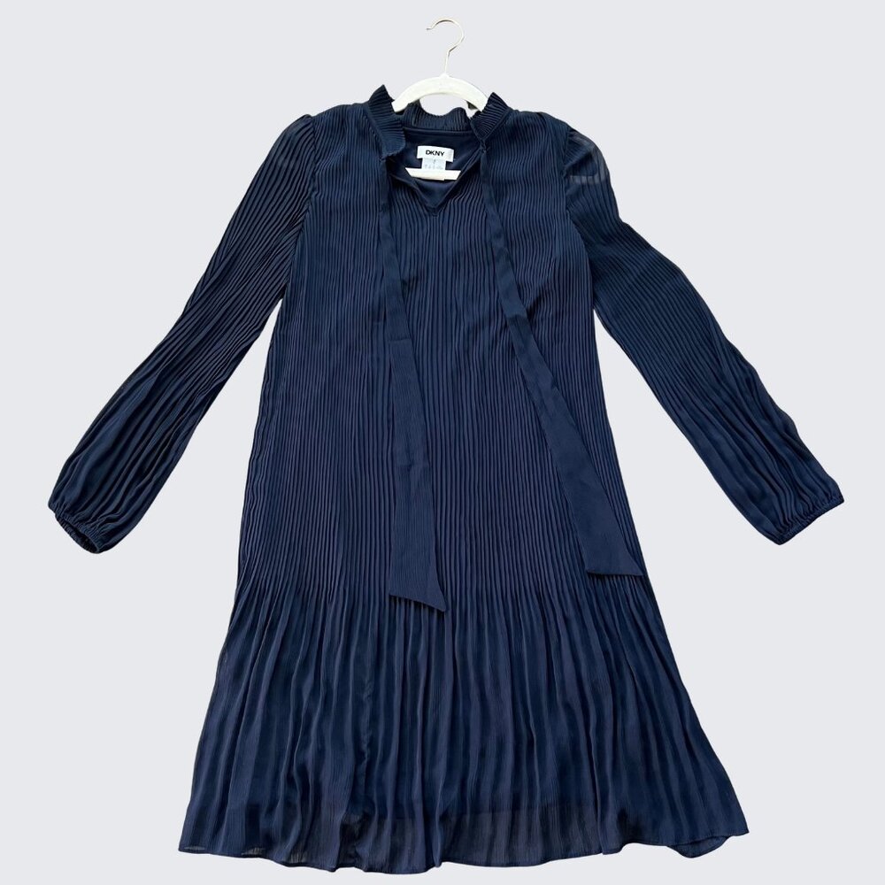 DKNY Womens Navy Blue Pleated Ruffle Tie Neck Lined Shift Dress Size 6